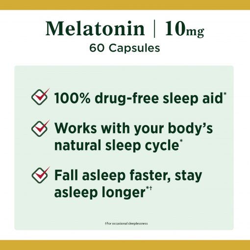 Nature's Bounty Melatonin Sleep Aid Capsules, 10 Mg, 60 Ct: Promotes Relaxation & Sleep* 100% Drug Free Sleep Aid* Clinically Studied Ingredient Nature's Bounty Melatonin is Non-GMO. These capsules are Gluten Free.