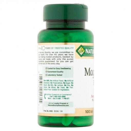 Supports Bone & Muscle Health* Coated for Easy Swallowing Suitable for Vegetarians High Potency Nature's Bounty Magnesium is Non-GMO. These tablets are Gluten Free.