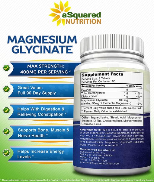 ASquared Nutrition Magnesium Glycinate Non-Buffered (400 mg) (180 tablets)