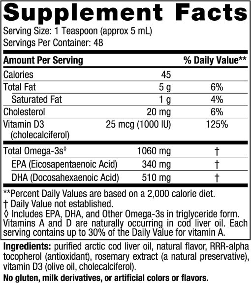 Nordic Naturals Arctic-D Cod Liver Oil Omega - 3 + Vitamin D3 Lemon Taste - 237 ml