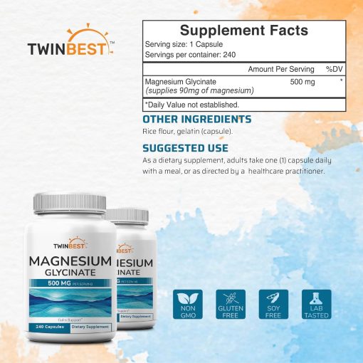 TwinBest Magnesium Glycinate (500mg) - 240 capsules