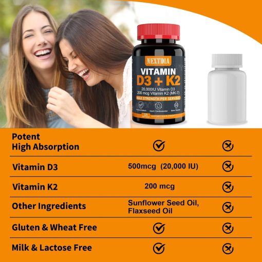 NextDia Vitamin D3 (20,000 IU) + K2 (200 mcg) - 120 softgels