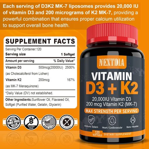 NextDia Vitamin D3 (20,000 IU) + K2 (200 mcg) - 120 softgels