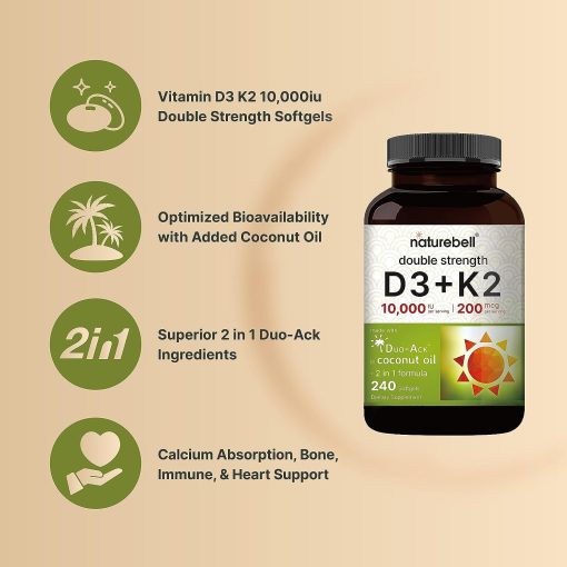 Naturebell Double Strength Vitamin D3 (10,000 IU) + K2 (200 mcg) - 240 softgels