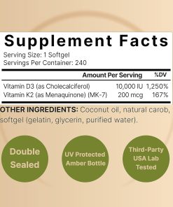 Naturebell Double Strength Vitamin D3 (10,000 IU) + K2 (200 mcg) - 240 softgels