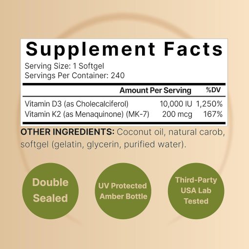 Naturebell Double Strength Vitamin D3 (10,000 IU) + K2 (200 mcg) - 240 softgels