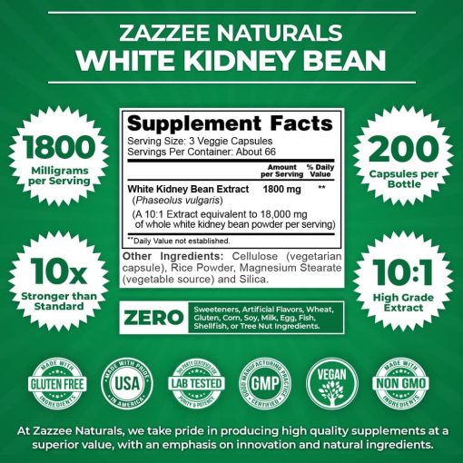 Zazzee Naturals White Kidney Beans 10:1 Extract (1,800 mg) - 200 veggie capsules