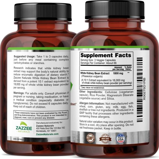 Zazzee Naturals White Kidney Beans 10:1 Extract (1,800 mg) - 200 veggie capsules