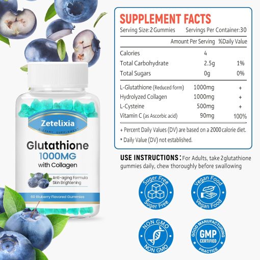 Zetelixia Glutathione (1,000 mg) with Collagen - 60 blueberry gummies