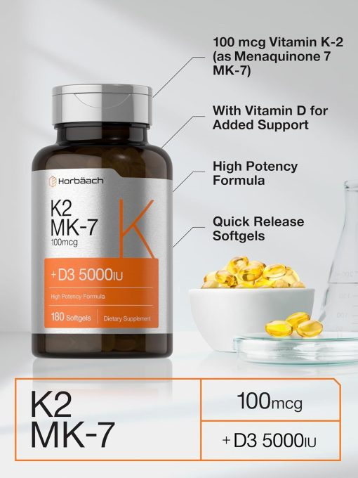 Horbaach Vitamin K2 MK-7 (100 mcg) + D3 (5,000 IU) - 180 softgels