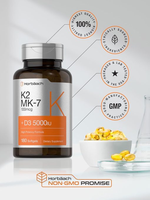 Horbaach Vitamin K2 MK-7 (100 mcg) + D3 (5,000 IU) - 180 softgels