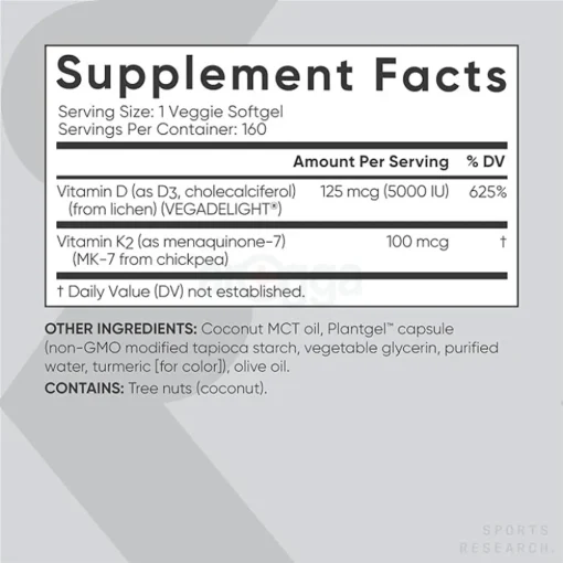 SR Vitamin D3 (5,000 IU) + K2 (100 mcg) - 160 veggie softgels