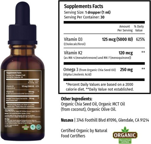 Nusava Organic D3 (5,000 IU) K2 (120 mcg) Omega 3 MCT Oil - 30 ml