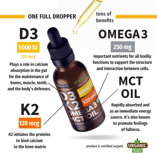 Nusava Organic D3 (5,000 IU) K2 (120 mcg) Omega 3 MCT Oil - 30 ml