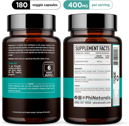 PhiNatural Magnesium Citrate (400 mg) - 180 veggie capsules
