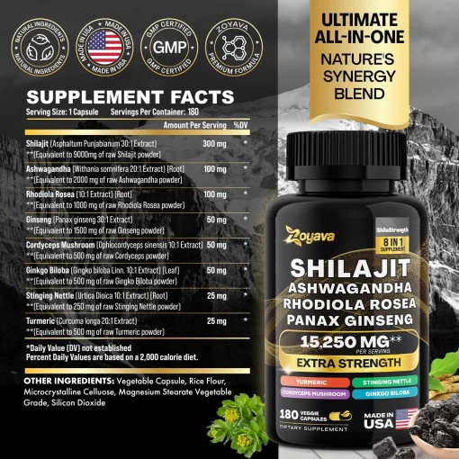 Zoyava Shilajit Ashwagandha Panax Ginseng (15,250 mg) - 180 veggie capsules