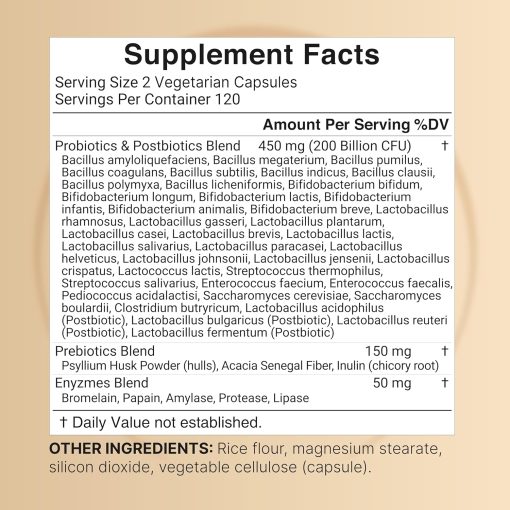 Naturebell Probiotics + Pre + Postbiotics + Enzymes (200 Billion CFU) - 240 vegetarian capsules