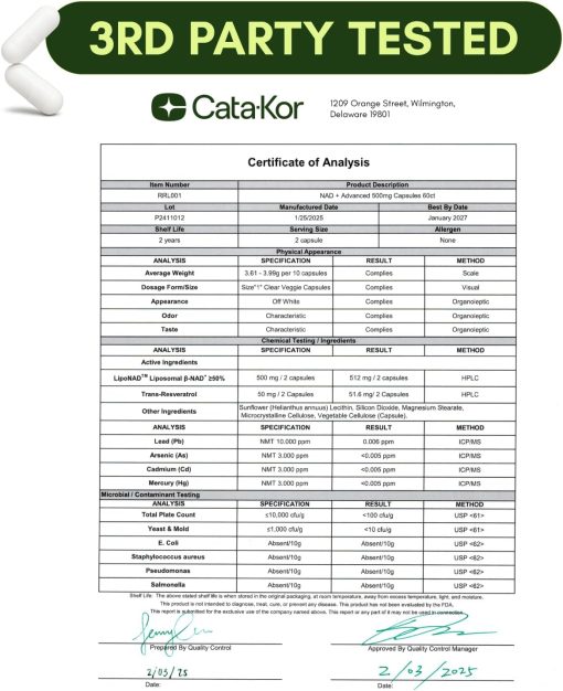 Cata-Kor NAD+ Advanced (500 mg) - 60 capsules
