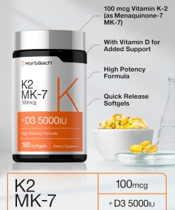 Horbaach Vitamin K2 MK-7 (100 mcg) + D3 (5,000 IU) - 180 softgels
