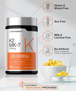 Horbaach Vitamin K2 MK-7 (100 mcg) + D3 (5,000 IU) - 180 softgels