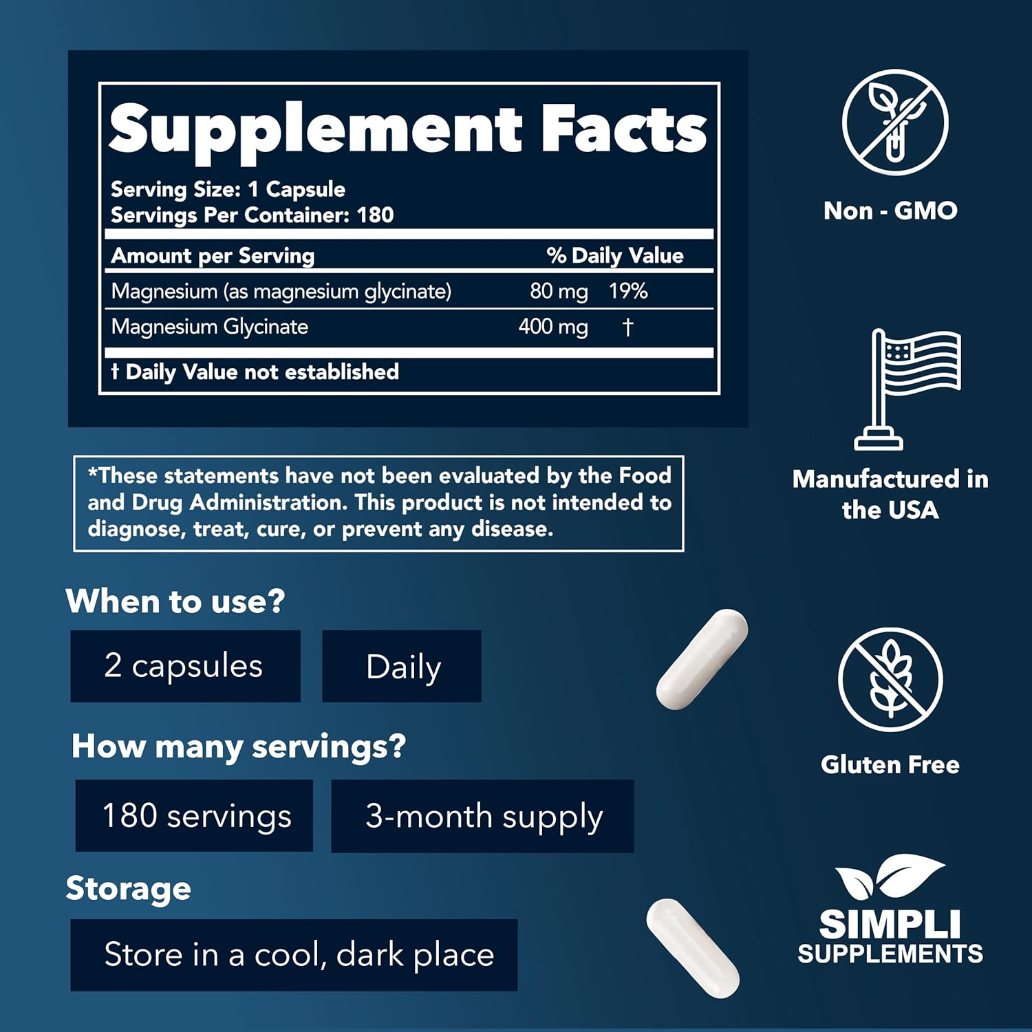 Simpli Supplements Magnesium Glycinate - 180 capsules