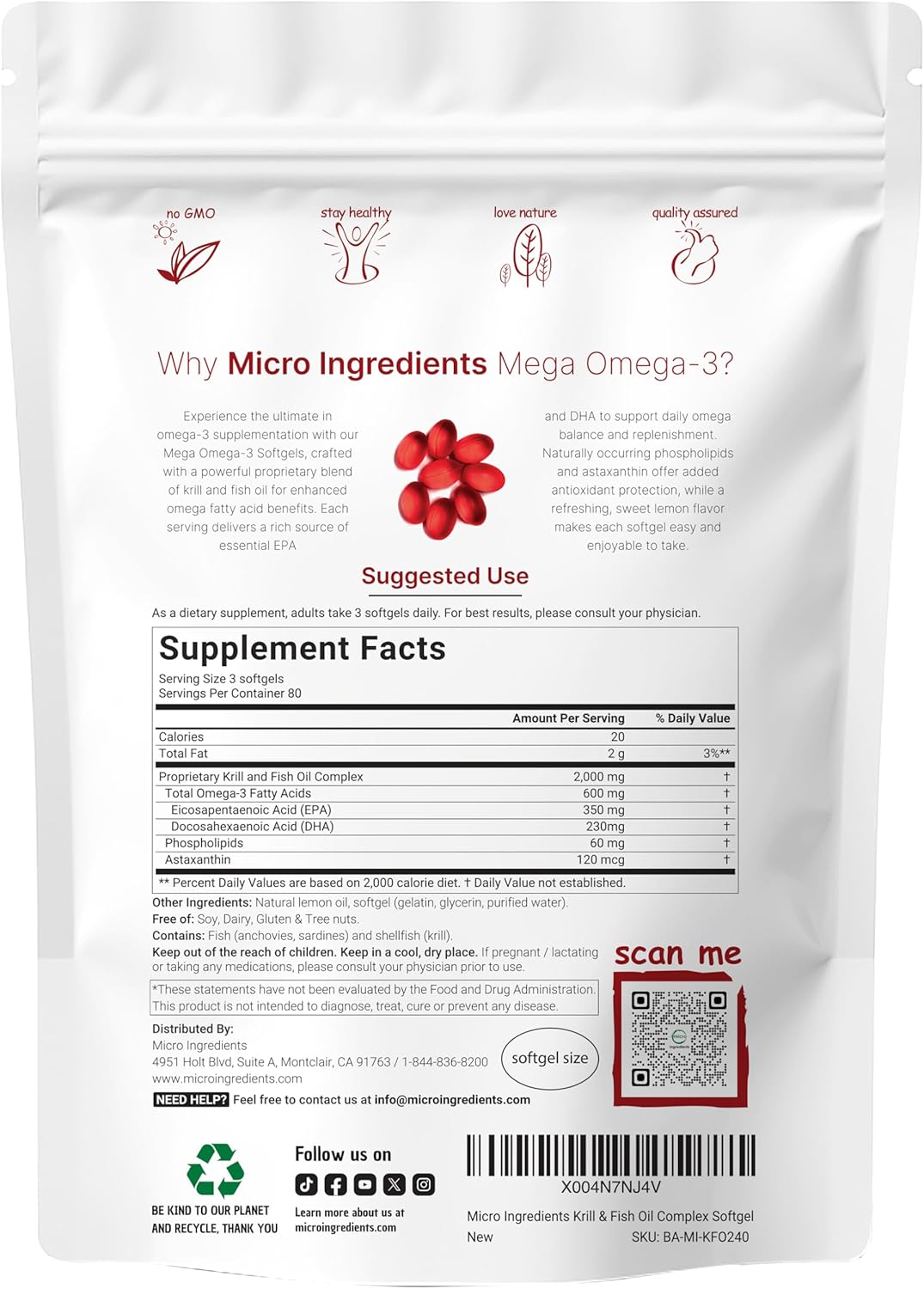 Micro Ingredients Mega Omega-3 Krill & Fish Oil (2,000 mg) - 240 softgels