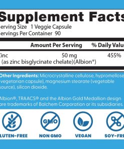 Doctor's Best Zinc Bisglycinate (50 mg) 100% Chelated High Absorption - 90 veggie capsules