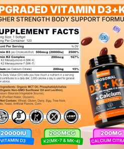 NextDia Vitamin D3 (20,000 IU) + K2 (200 mcg) + Calcium - 120 softgels