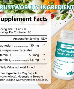 Canlist Health Magnesium Glycinate (450 mg) with Zinc, Vitamin D & B6 - 90 veg capsules
