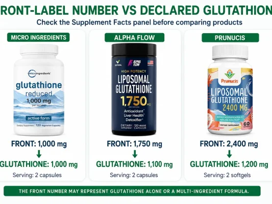 Front-label numbers compared with declared glutathione per serving