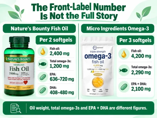 Nature’s Bounty and Micro Ingredients fish oil amounts compared with total omega-3s and EPA plus DHA