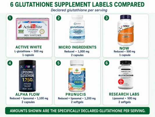 Six glutathione supplement labels compared by declared amount