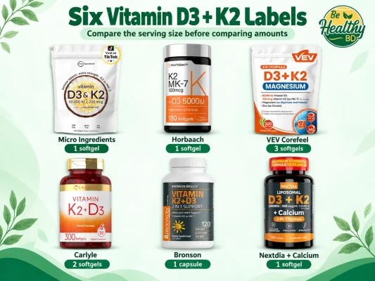 Six vitamin D3 and K2 supplements compared by product and serving size