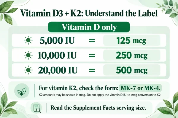 Vitamin D IU to mcg conversions and vitamin K2 MK-7 or MK-4 label checks