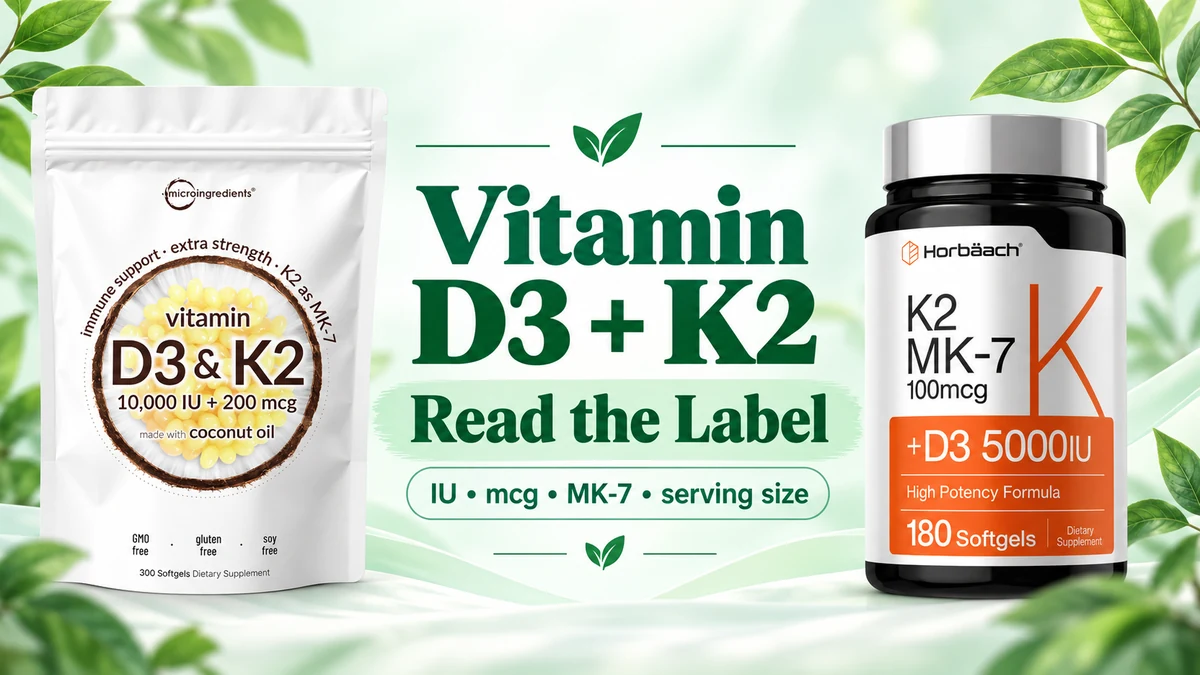 Vitamin D3 and K2 supplement labels compared by IU, mcg and serving size