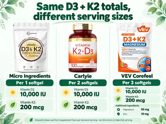 Micro Ingredients, Carlyle and VEV vitamin D3 and K2 labels compared by serving size