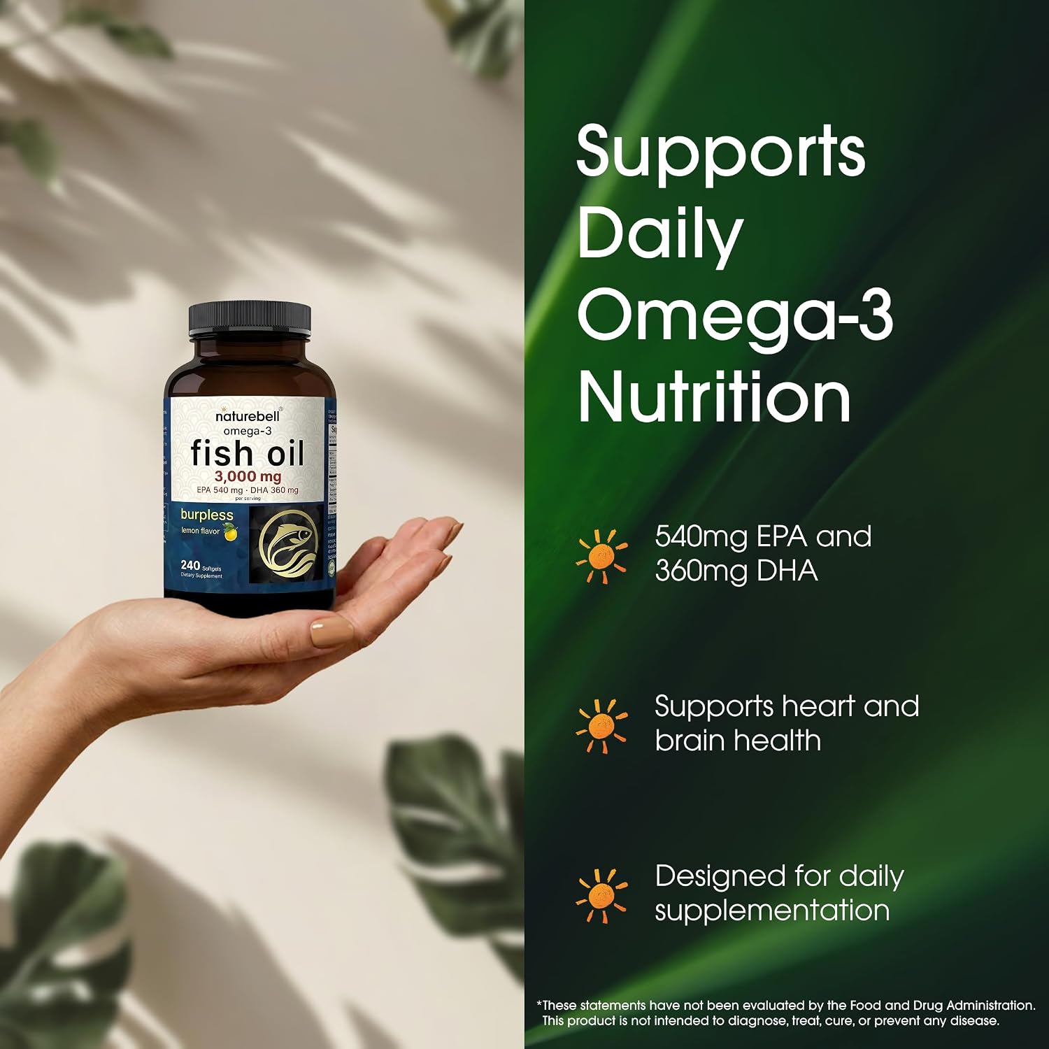 Naturebell Omega-3 Fish Oil (3,000 mg) Burpless Lemon Flavor - 240 softgels