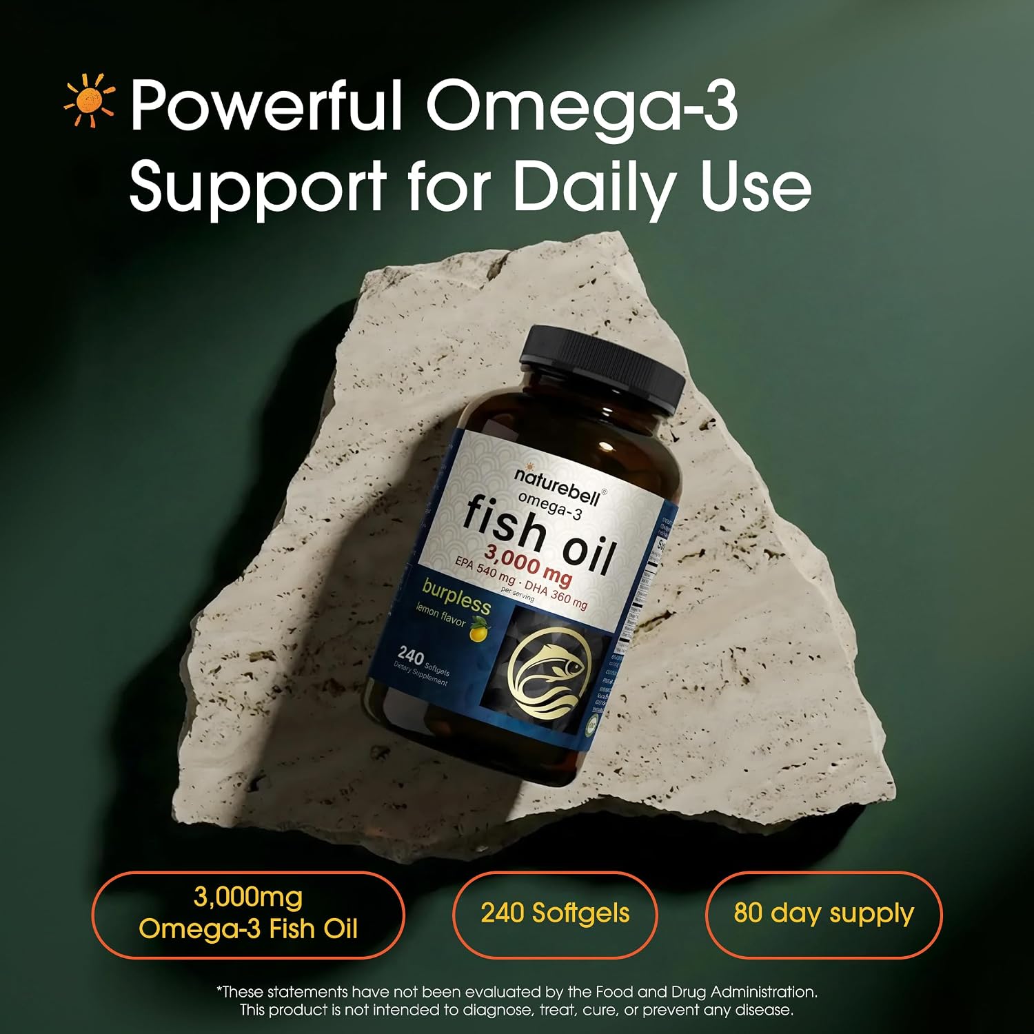 Naturebell Omega-3 Fish Oil (3,000 mg) Burpless Lemon Flavor - 240 softgels