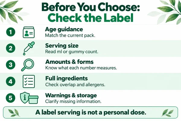 Five checks for children’s supplement labels: age, serving size, amounts, ingredients and warnings
