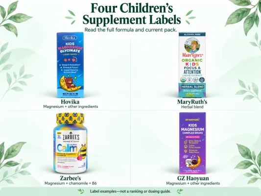 Hovika, MaryRuth’s, Zarbee’s and GZ Haoyuan children’s supplement label examples